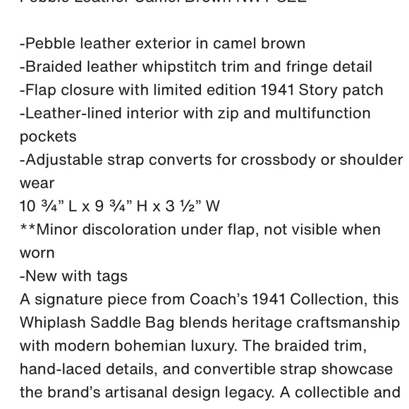 Coach 1941 Whiplash Saddle Bag in Pebble Camel Leather - Picture 6 of 7